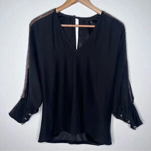 Karina Grimaldi 100% Silk Black Sequin/Beaded Sleeve Blouse Size XS